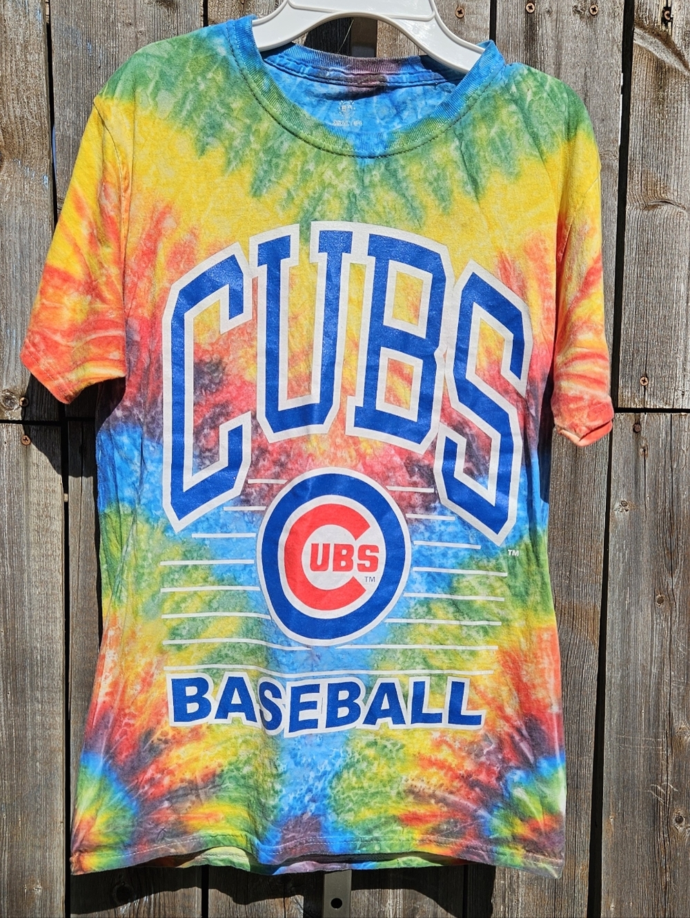 S, Stitches, Chicago Cubs tie-dye t-shirt screen-printed team graphic